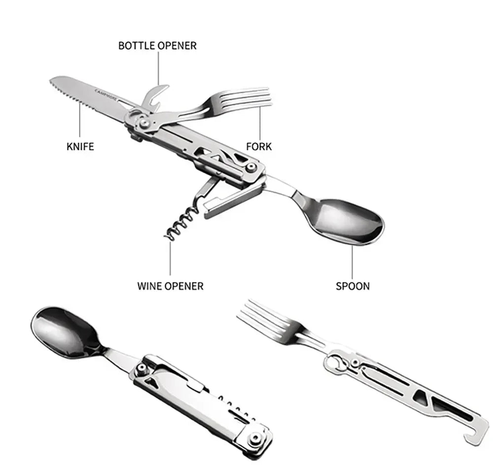 GearSpork Outdoor-Besteck 6-in-1 | Klappbares Multifunktionsbesteck aus Edelstahl | Messer, Gabel, Löffel, Dosenöffner & Flaschenöffner | Für Camping & Trekking