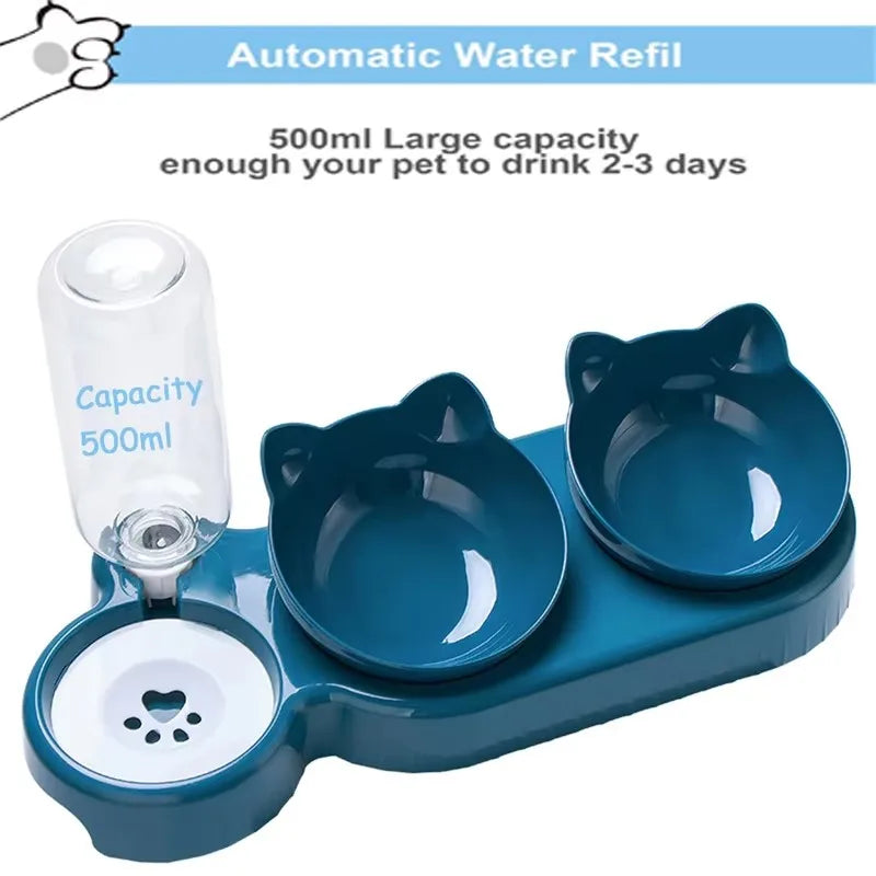 FutterFreund Katzen-Futternapf mit Trinkflasche | 3-in-1 Futterstation | Neigbar & Rotierbar | Ergonomisch & Rutschfest – 500 ml Wasserflasche