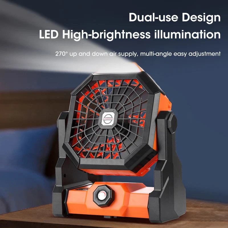 Campora BreezeLight | 2-in-1 Camping-Ventilator mit LED-Laterne | 7800 mAh Akku | 270° drehbar | USB wiederaufladbar | Für Zelt, Outdoor & Reisen