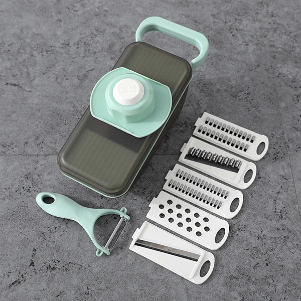 SchnippelMeister Gemüseschneider 5-in-1 | Multischneider mit Auffangbehälter | Reibe, Hobel & Dicer | BPA-frei & Spülmaschinenfest | 27×11×10 cm