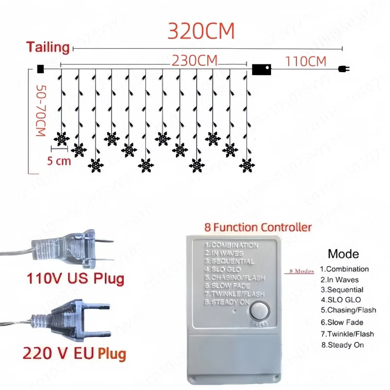 LED Schneeflocken Lichterkette SnowGleam | 3,2 m Vorhangbeleuchtung | 8 Modi | Wasserdicht IP44 | Weihnachts- & Partydeko