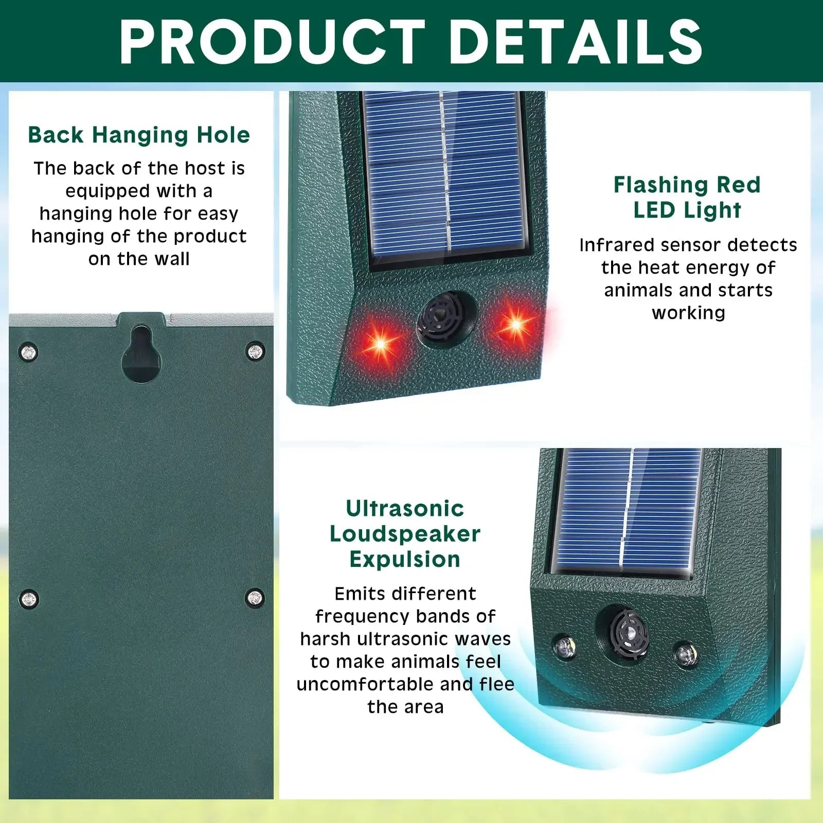 SolarGuardix Ultraschall Vogelvertreiber Solar | Mit LED & Bewegungsmelder | Wasserdicht IP58 | 600 m² Abdeckung