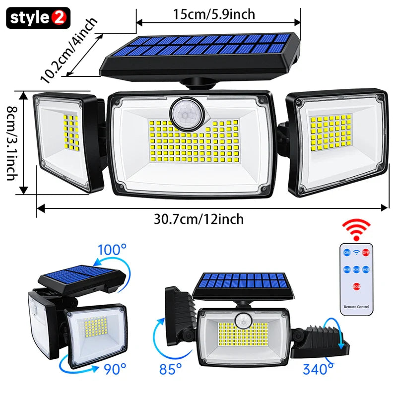 SecuSolar MaxView 167 Solar Sicherheitsstrahler 167 LEDs | 3 Schwenkbare Köpfe | Bewegungsmelder & 3 Leuchtmodi | IP65 Wasserdicht | 2200 Lumen