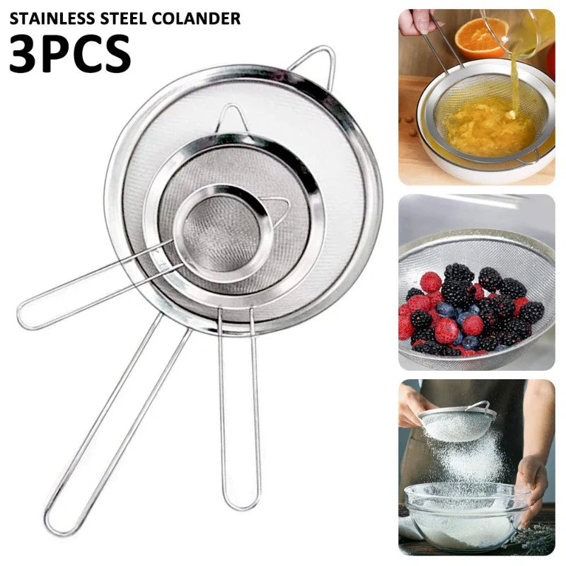 Edelstahl Küchensieb-Set ProSift MeshLine | 3-teilig | Feines Sieb für Mehl, Saft, Sojamilch & Pasta | 8/10/14 cm Durchmesser