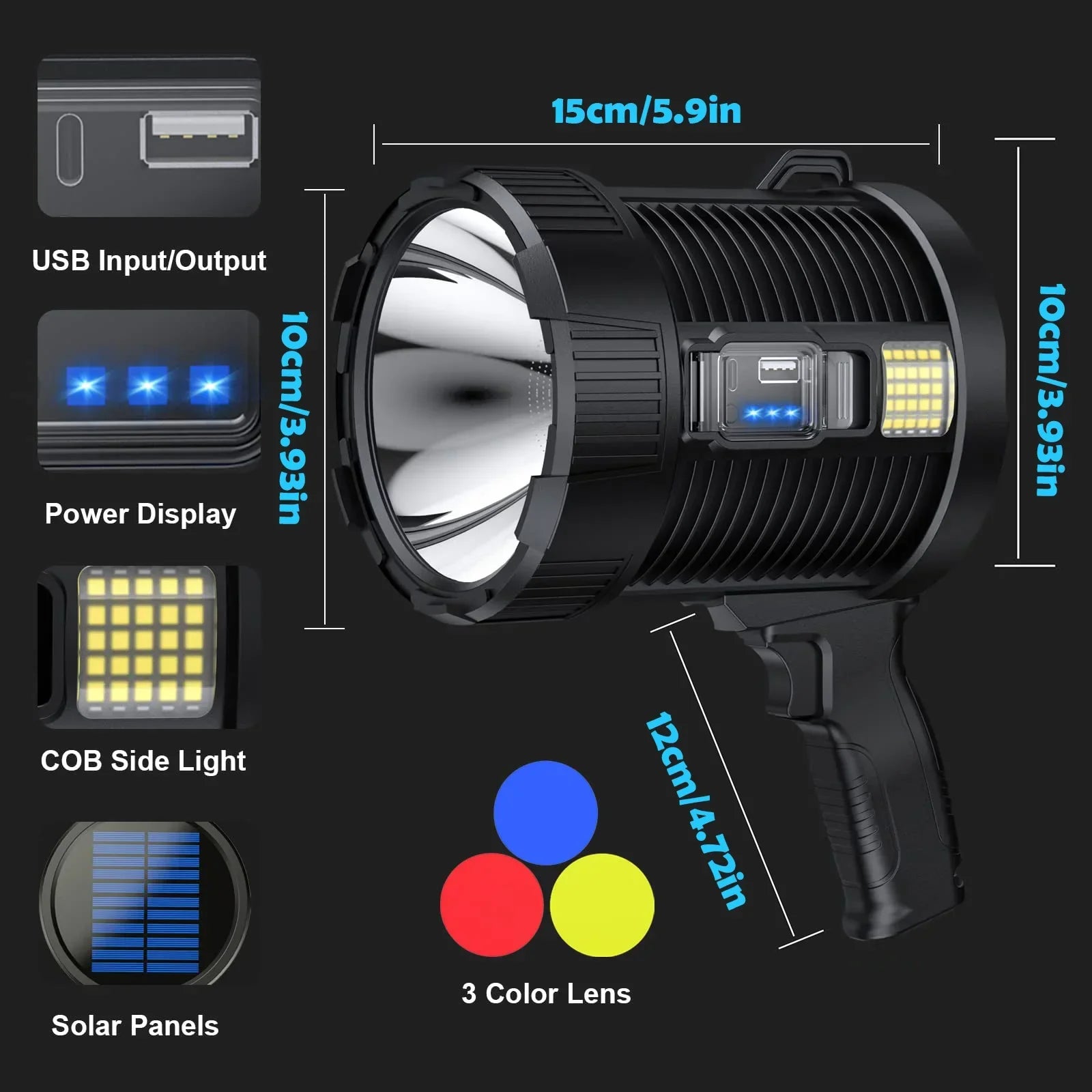 Handscheinwerfer LuminexPro 900K | 900.000 Lumen | 10000 mAh Akku | Solar & USB Ladefunktion | IPX5 Wasserdicht