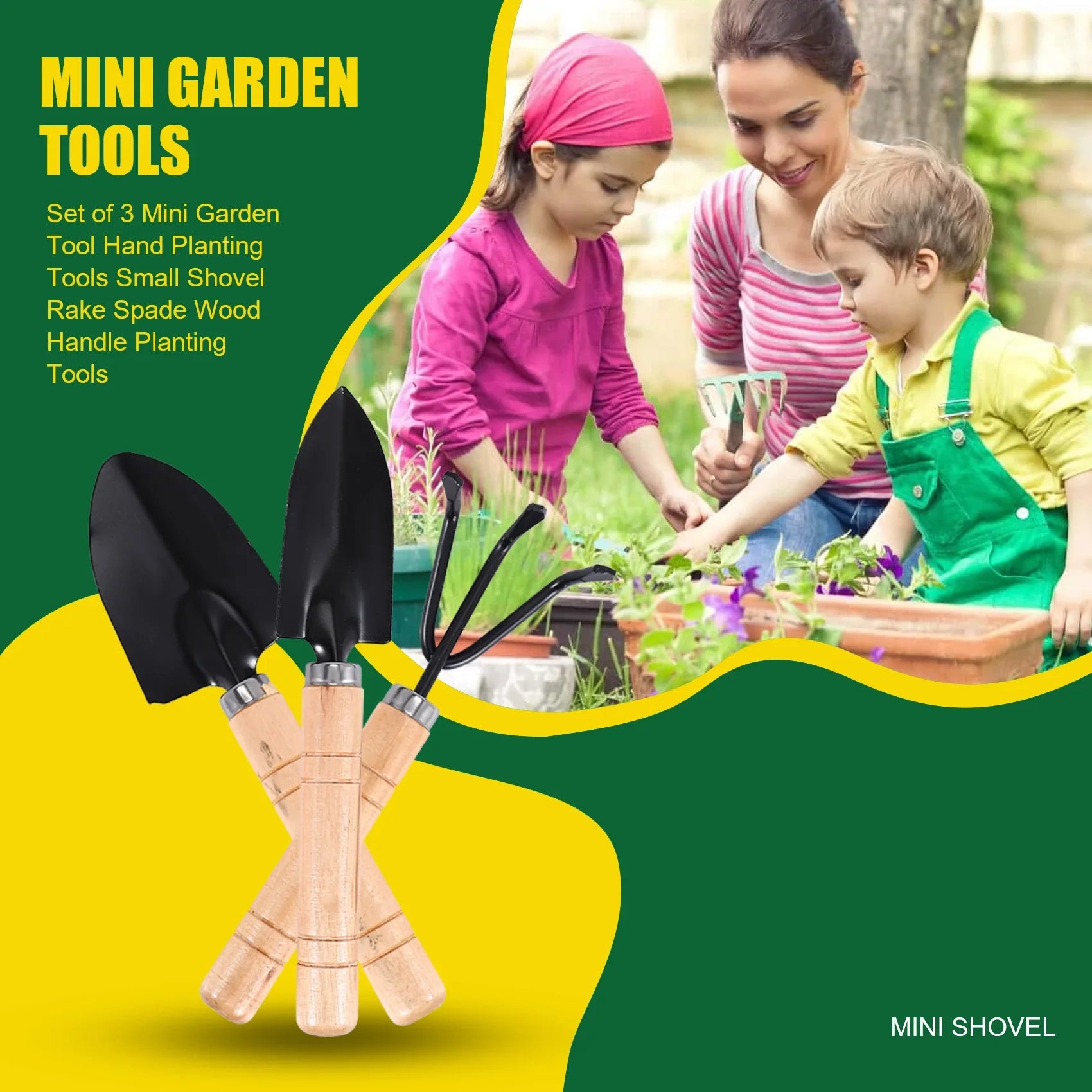 Planturio Mini Gartenwerkzeug-Set 3-teilig | Spaten, Schaufel & Rechen | Holzgriff & Metallkopf | Für Bonsai & Zimmerpflanzen