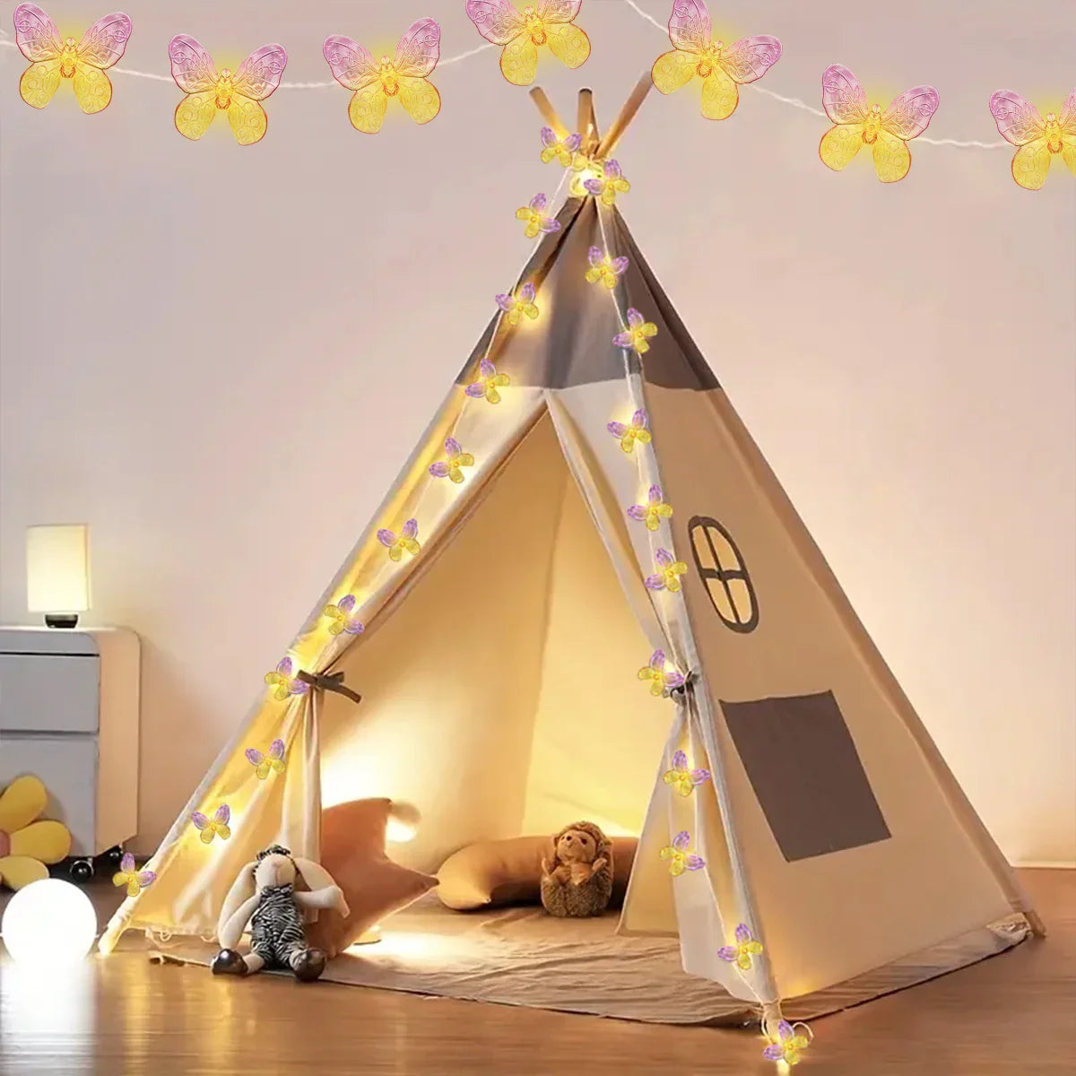 LumiFleur Schmetterlings-Lichterkette | 10/20 LED | Rosa & Gelb | Romantische Deko für Haus & Garten