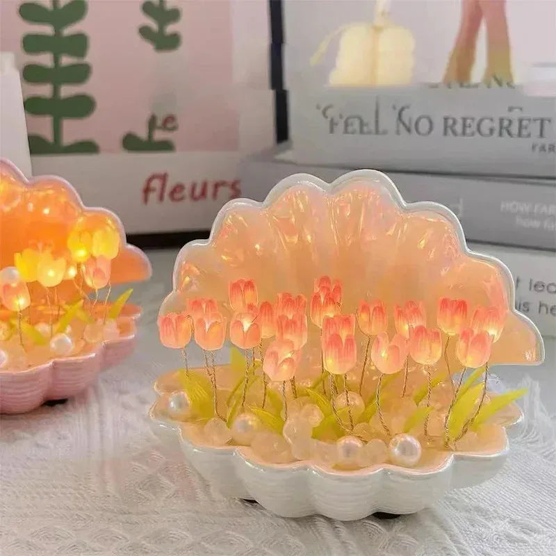 Muschel Nachtlicht Florora | DIY Tulpen-Dekoration | Warmes Ambientelicht | Rosa & Blau