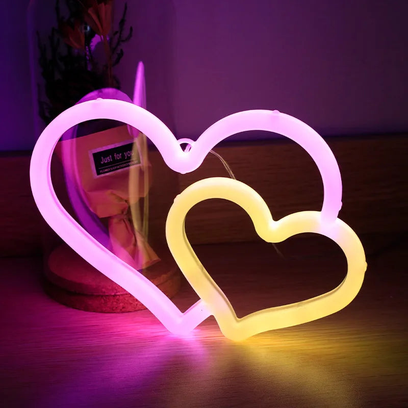 Amora Neon Tischlampe Herz | Doppeltes Love-Design | USB & Batteriebetrieb | Rosa LED Licht | Party & Deko