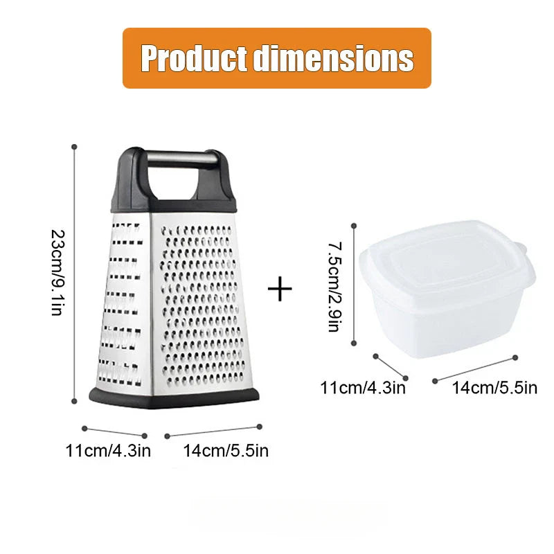 Gratello 4-in-1 Küchenreibe mit Auffangbehälter & Deckel | Edelstahl & rutschfester Boden | Für Käse, Gemüse, Zitrus & mehr | 22 × 11 × 9 cm