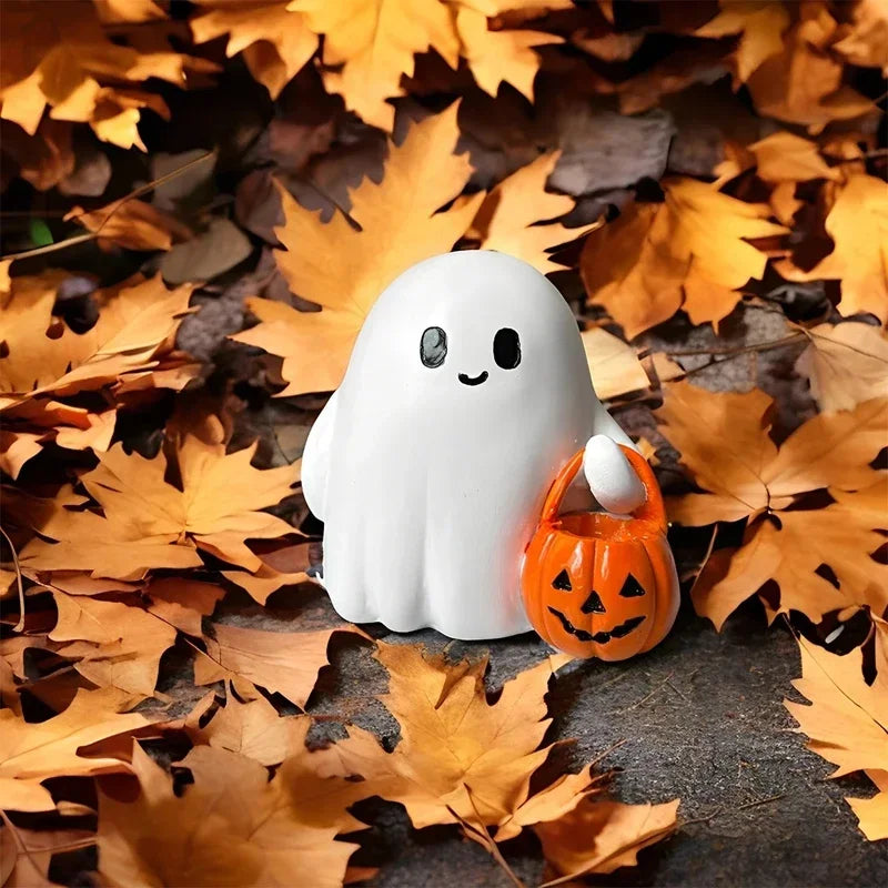 PumpkiBoo Dekofigur | Halloween Geist mit Kürbis | Harz Ornament | Für LED-Teelichter geeignet