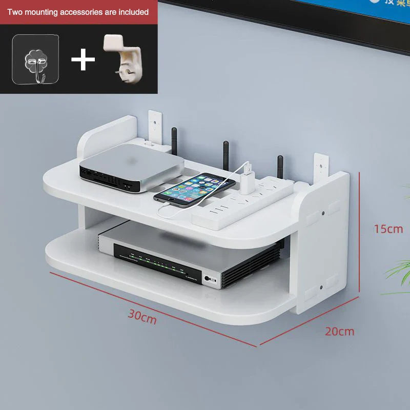SkyConnect Home | WLAN-Router Wandregal | Versteckter Kabel-Organizer & Steckdosenhalter | Schwebendes Regal für TV-Box & Mehr | Weiß | 40×12×8 cm