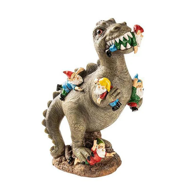DinoCharm | Dino & Gartenzwerg Statue | Lustige Gartendeko | Resin Figur für Außen- & Innendekoration