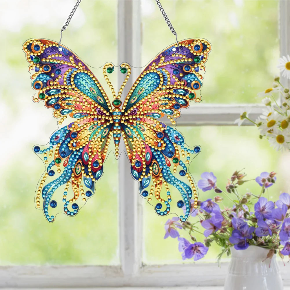 Schmetterlingsanhänger | 5D DIY Diamantmalerei | Beidseitig Acryl | Funkelnde Fensterdeko