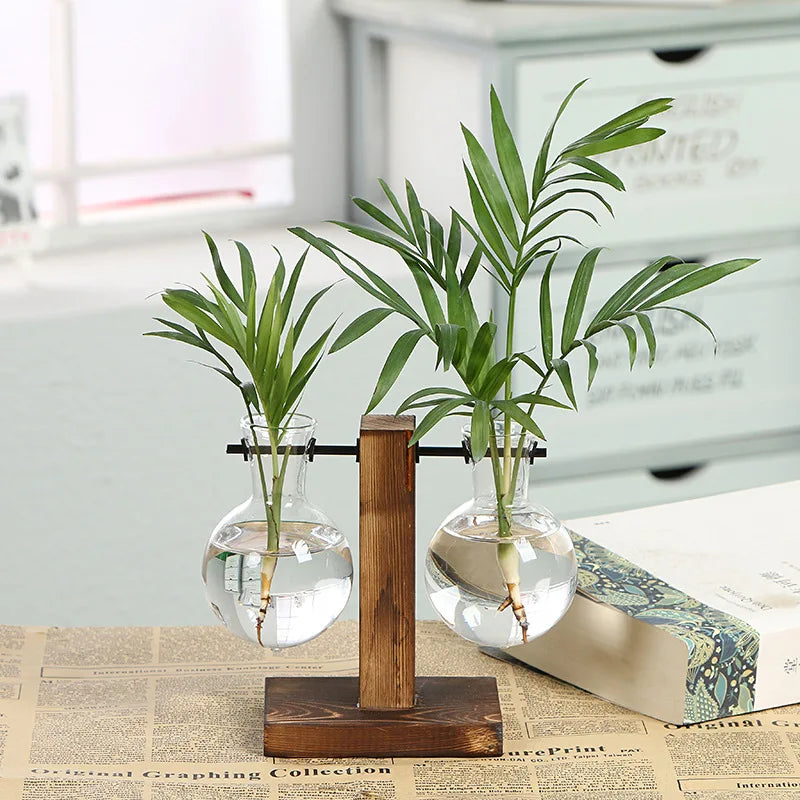 Naturiva Design Glasvase mit Holzrahmen | Für Schnittblumen & Hydrokultur | Skandinavischer Stil | 3-teiliges Set