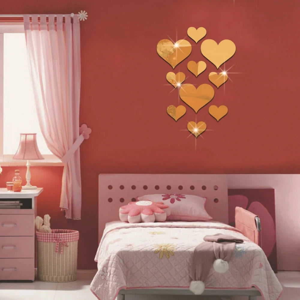 HeartMirro | 3D Wandsticker Herz-Set | Spiegeloptik Gold & Silber | 10-teilig