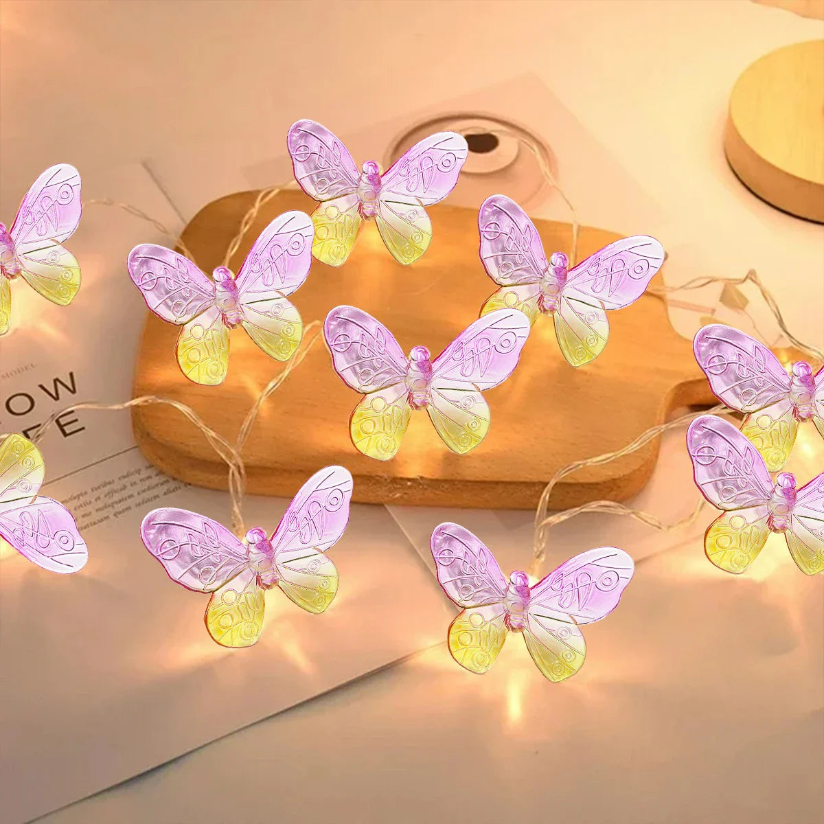 LumiFleur Schmetterlings-Lichterkette | 10/20 LED | Rosa & Gelb | Romantische Deko für Haus & Garten