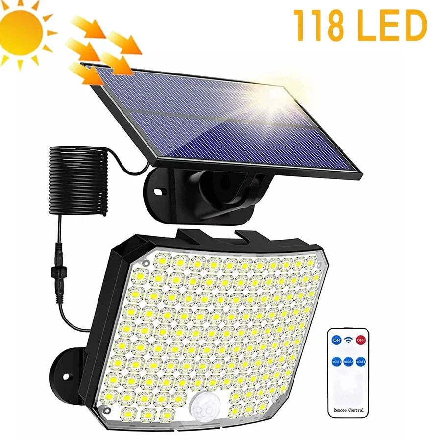 Solvalux Solar Wandleuchte mit Bewegungsmelder | 192 LEDs | Abnehmbares Solarpanel mit 5 m Kabel | 4 Modi & Fernbedienung | IP65 Wasserdicht