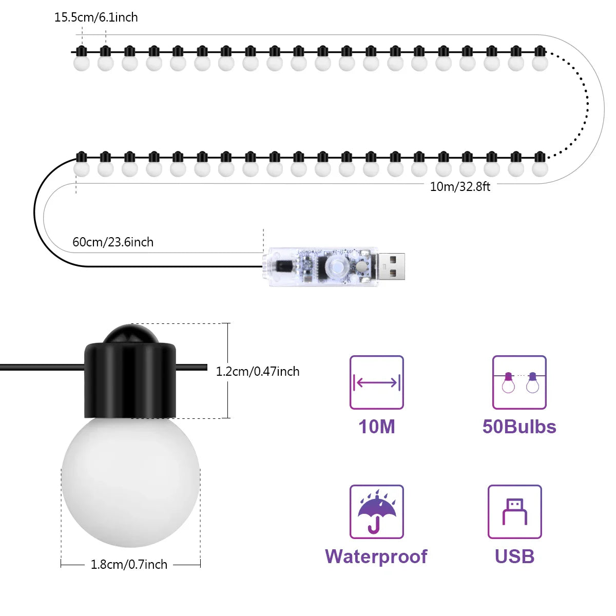 LED Lichterkette GlowFest G18 | 10 m | 50 LEDs | USB-betrieben | Wasserdicht IP44 | Innen & Außen