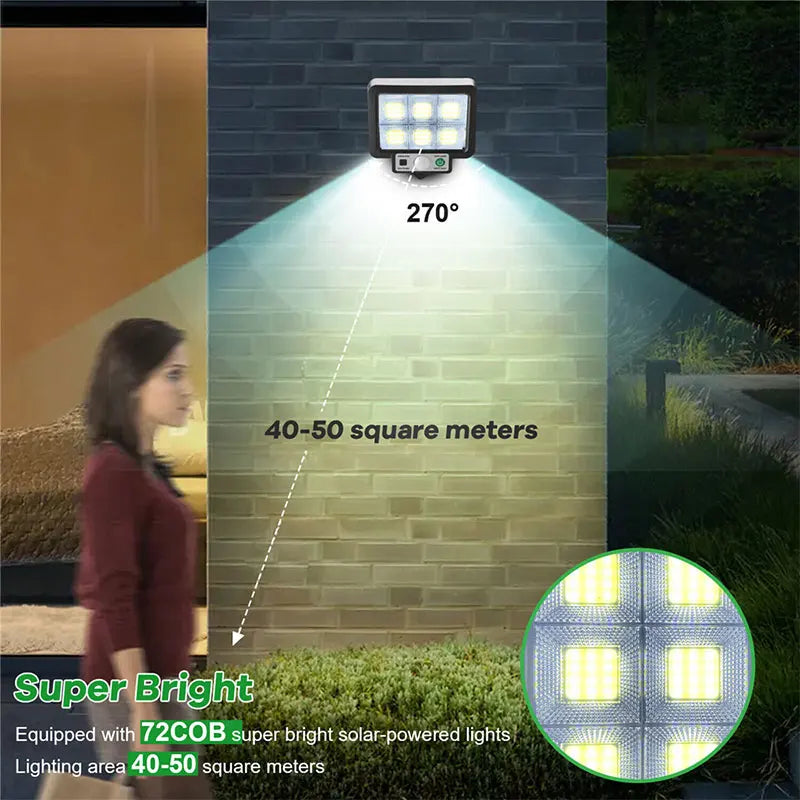 LumoVolt Solarlicht mit Bewegungsmelder | 72 COB LEDs | Fernbedienung & 5 m Solarpanel-Kabel | 3 Modi | IP65 Wetterfest