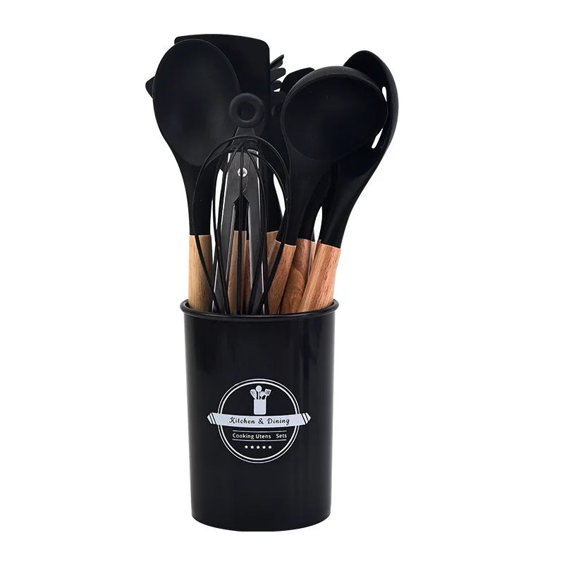 Culinora Silikon Küchenutensilien Set | Hitzebeständig bis 230 °C | 12-teilig mit Holzgriffen | Rührbesen, Pfannenwender, Zange & mehr
