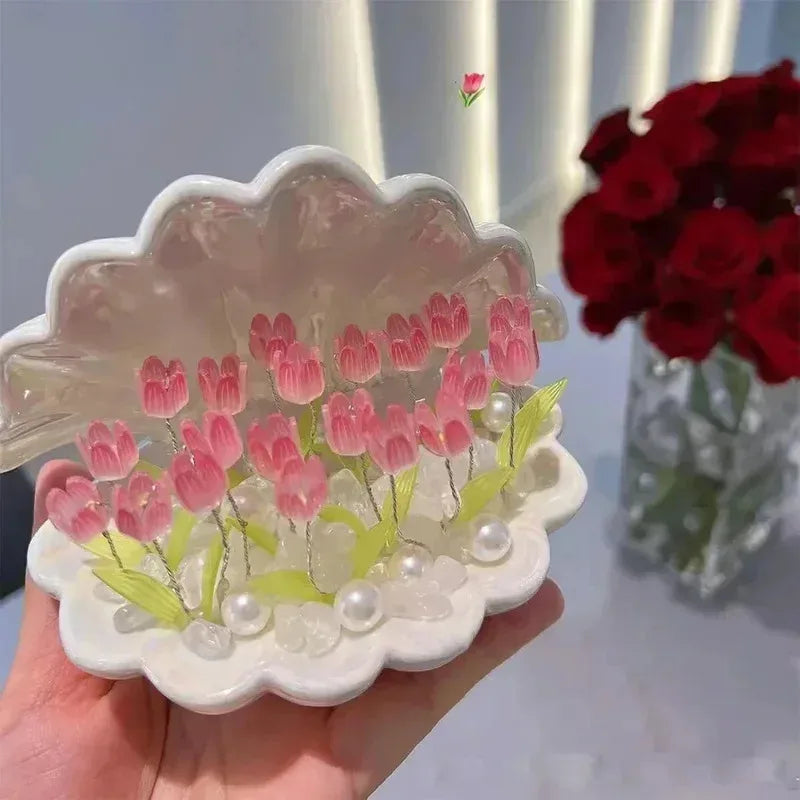 Muschel Nachtlicht Florora | DIY Tulpen-Dekoration | Warmes Ambientelicht | Rosa & Blau