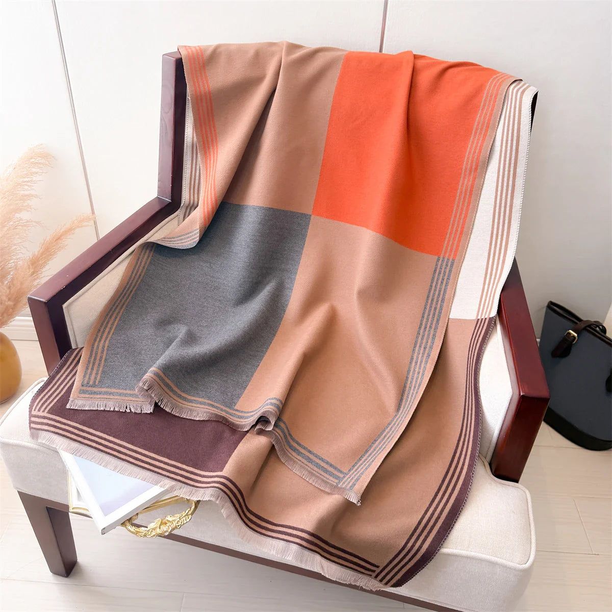 BelleAria Elegance Pashmina-Schal mit Schleifenprint | 185 × 65 cm | Weich & Wärmend mit Fransen | Herbst & Winter
