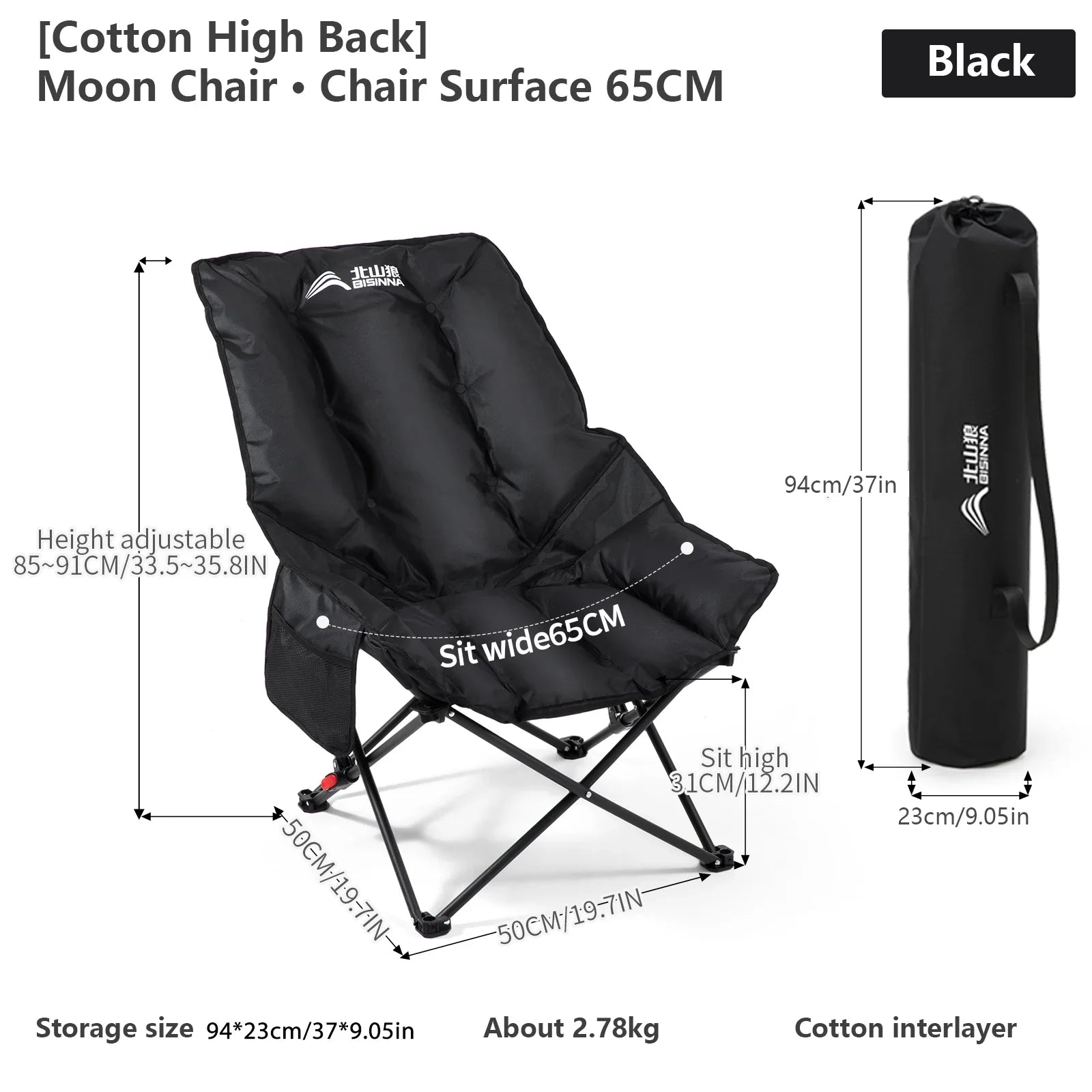 LunaRelax Faltbarer Camping-Mondstuhl Hochlehner Tragbar | Verstellbarer Outdoor-Lehnstuhl für Wandern, Angeln & Picknick
