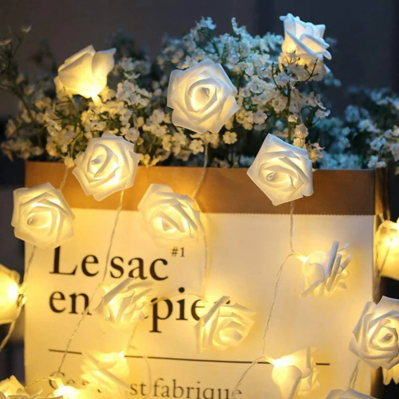 Floravera | LED Rosenlichterkette | 10/20 Warmweiße Rosenblüten | Batteriebetrieben | Romantische Deko für Hochzeit & Zuhause