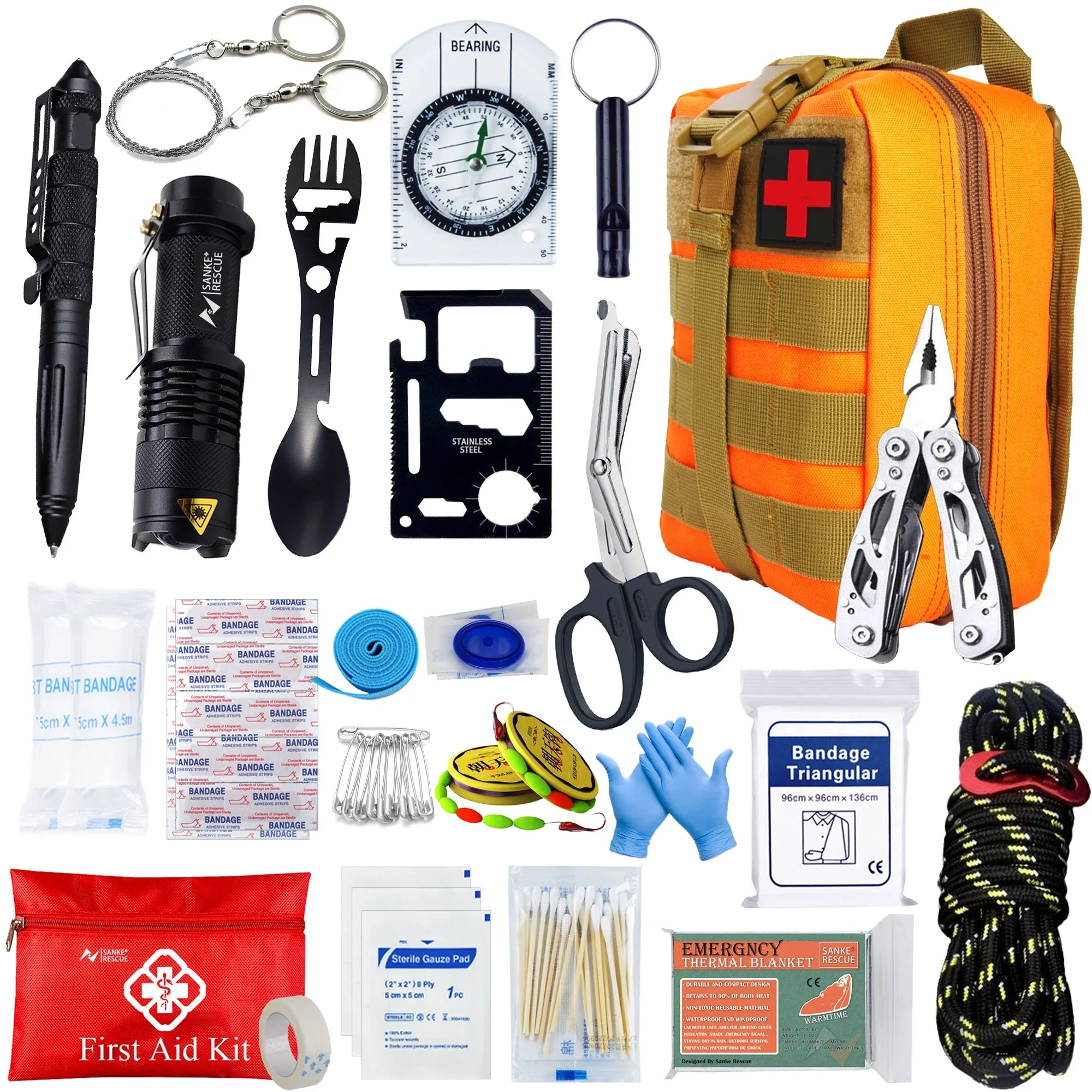 Survivora24 Notfall-Set | 24-teiliges Outdoor Survival Kit mit Erste-Hilfe-Ausrüstung | Für Wandern, Camping, Katastrophenschutz & Abenteuer
