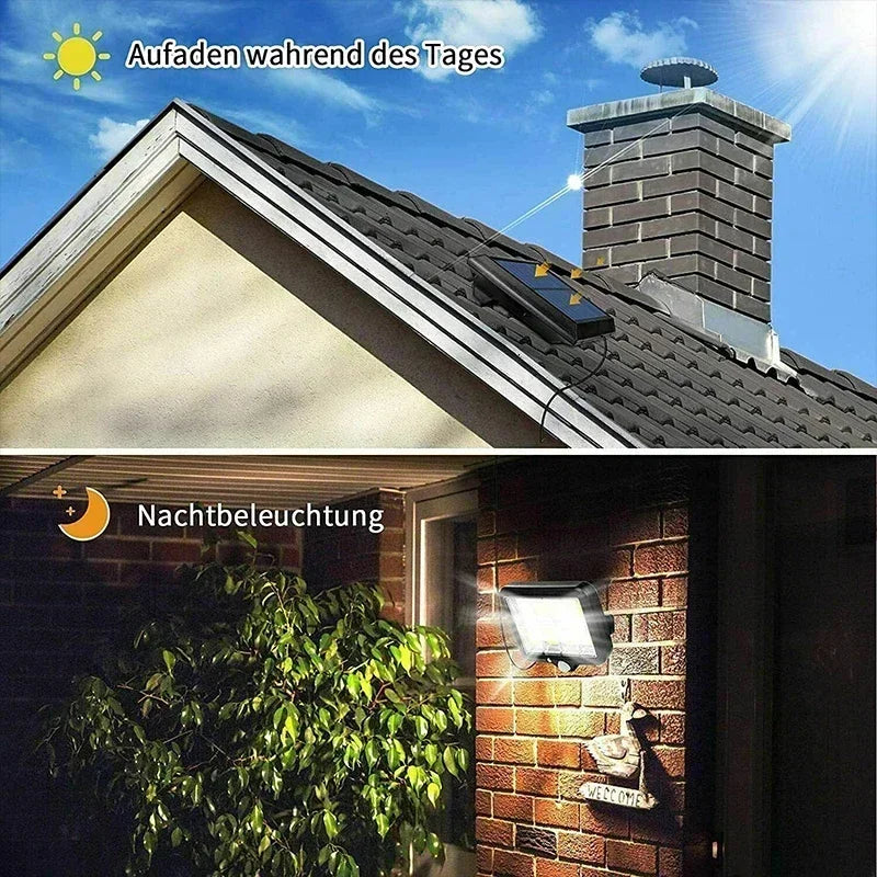 LuminaX Solar | 100 COB LED Solarleuchte | IP65 | Bewegungsmelder & 3 Modi | Kabellose Außenbeleuchtung