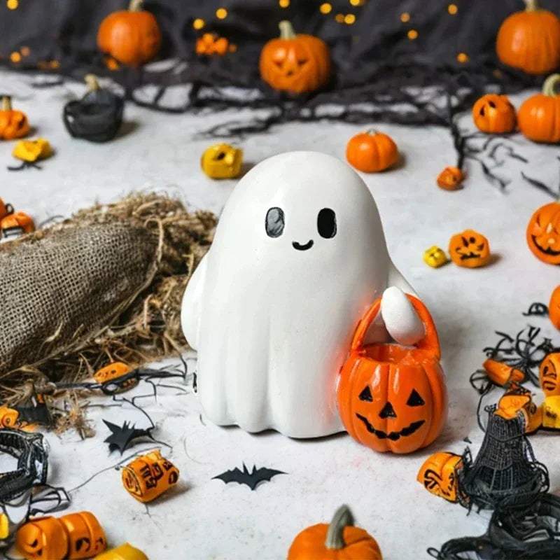 PumpkiBoo Dekofigur | Halloween Geist mit Kürbis | Harz Ornament | Für LED-Teelichter geeignet