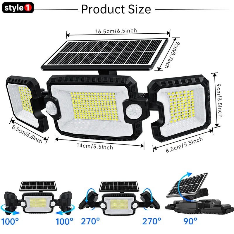 SecuSolar MaxView 167 Solar Sicherheitsstrahler 167 LEDs | 3 Schwenkbare Köpfe | Bewegungsmelder & 3 Leuchtmodi | IP65 Wasserdicht | 2200 Lumen