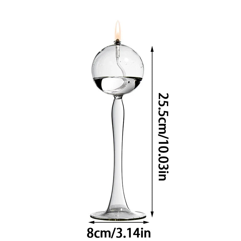 VetroLuce Öllampe | Kugelform mit hohem Fuß | Borosilikatglas Transparent | 21–25,5 cm