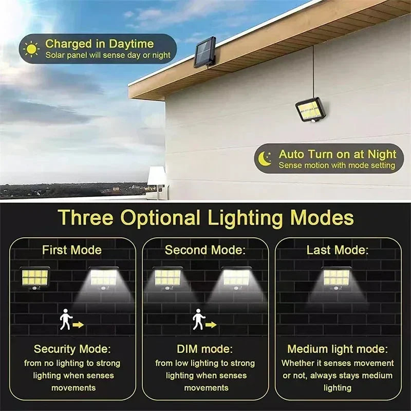 LuminaX Solar | 100 COB LED Solarleuchte | IP65 | Bewegungsmelder & 3 Modi | Kabellose Außenbeleuchtung