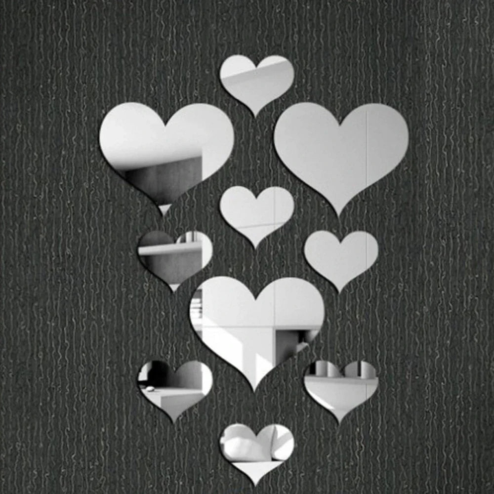 HeartMirro | 3D Wandsticker Herz-Set | Spiegeloptik Gold & Silber | 10-teilig