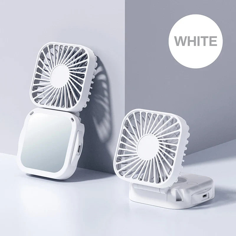 Faltbarer Mini-Nackenventilator Coolique MirrorFan | USB Wiederaufladbar | Mit Kosmetikspiegel | 3-Stufen | Leise & Tragbar
