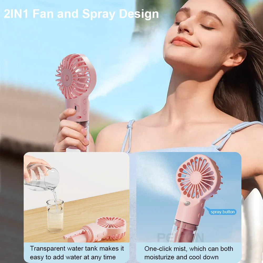 Brisella Air Mini Handventilator mit Luftbefeuchter | 4-Stufen-Sprühfunktion | USB Wiederaufladbar | Tragbar & Leise