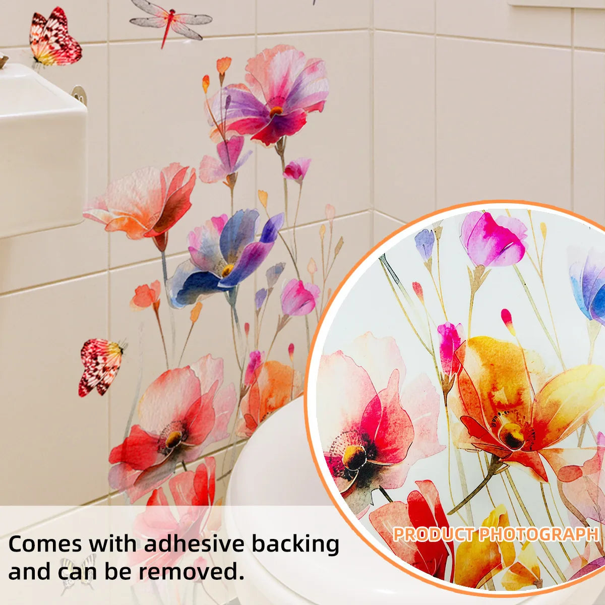 Lunaflora Wandsticker | Aquarell-Blumen & Schmetterlinge | Abnehmbar & Wasserdicht | PVC 42×50 cm