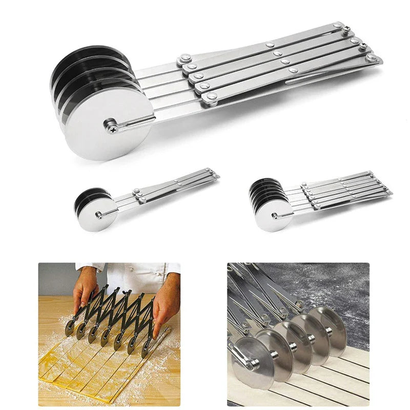 SlicePro™ Edelstahl Teigschneider | Faltbar & Verstellbar | 3–7 Räder | Perfekte Portionierung für Pizza, Gebäck & Pasta