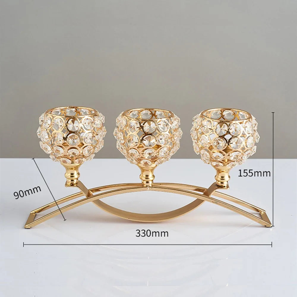 CristaLuce Kerzenhalter | 3 Kristallkelche | Modernes Bogen-Design | Metall & Glas | 33×9×15,5 cm