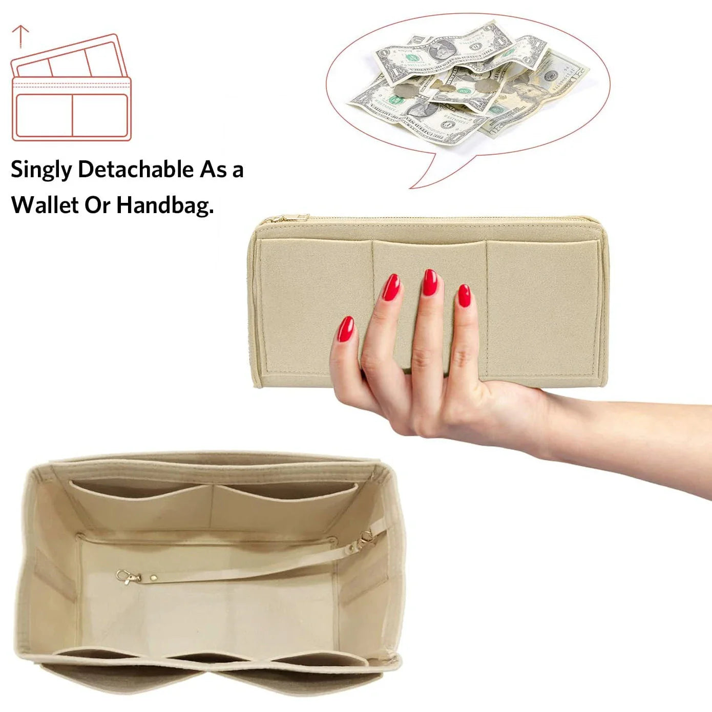 TaschenLuxe Organizer Inlay | Filz-Einsatz mit Reißverschluss | 15 Fächer & Schlüsselband | Für Handtaschen & Shopper