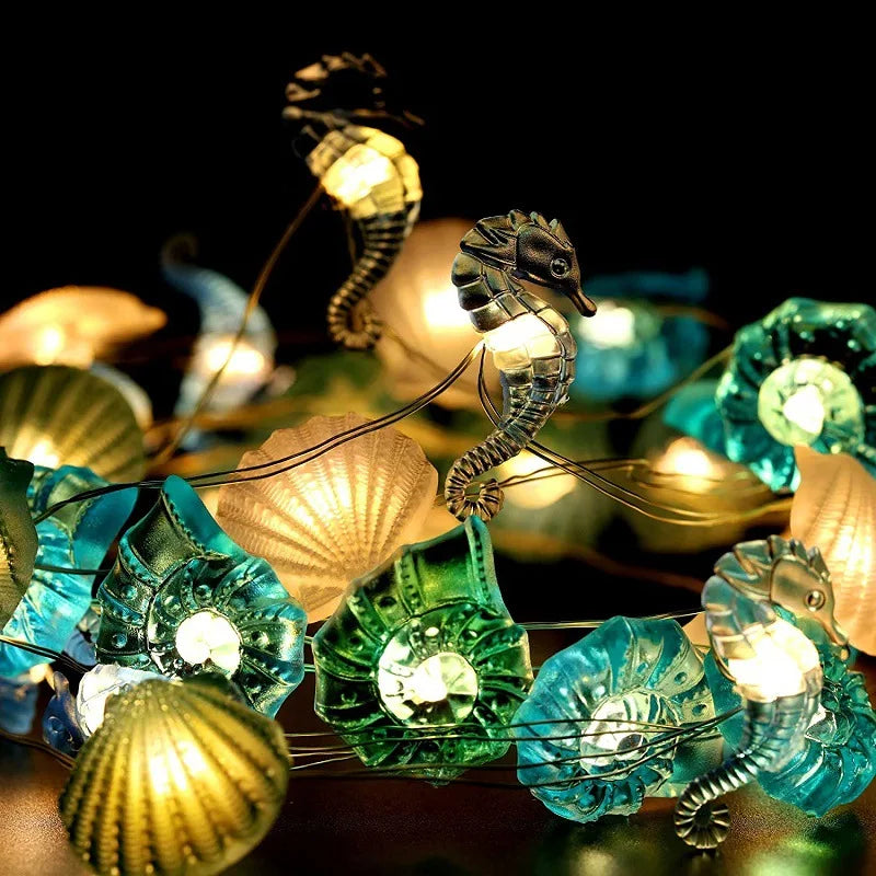 LED-Lichterkette SeaGlow | 2 m | 20 LEDs | Muschel & Seestern Design | Meeresthema Deko | Für Geburtstag, Party & Kinderzimmer