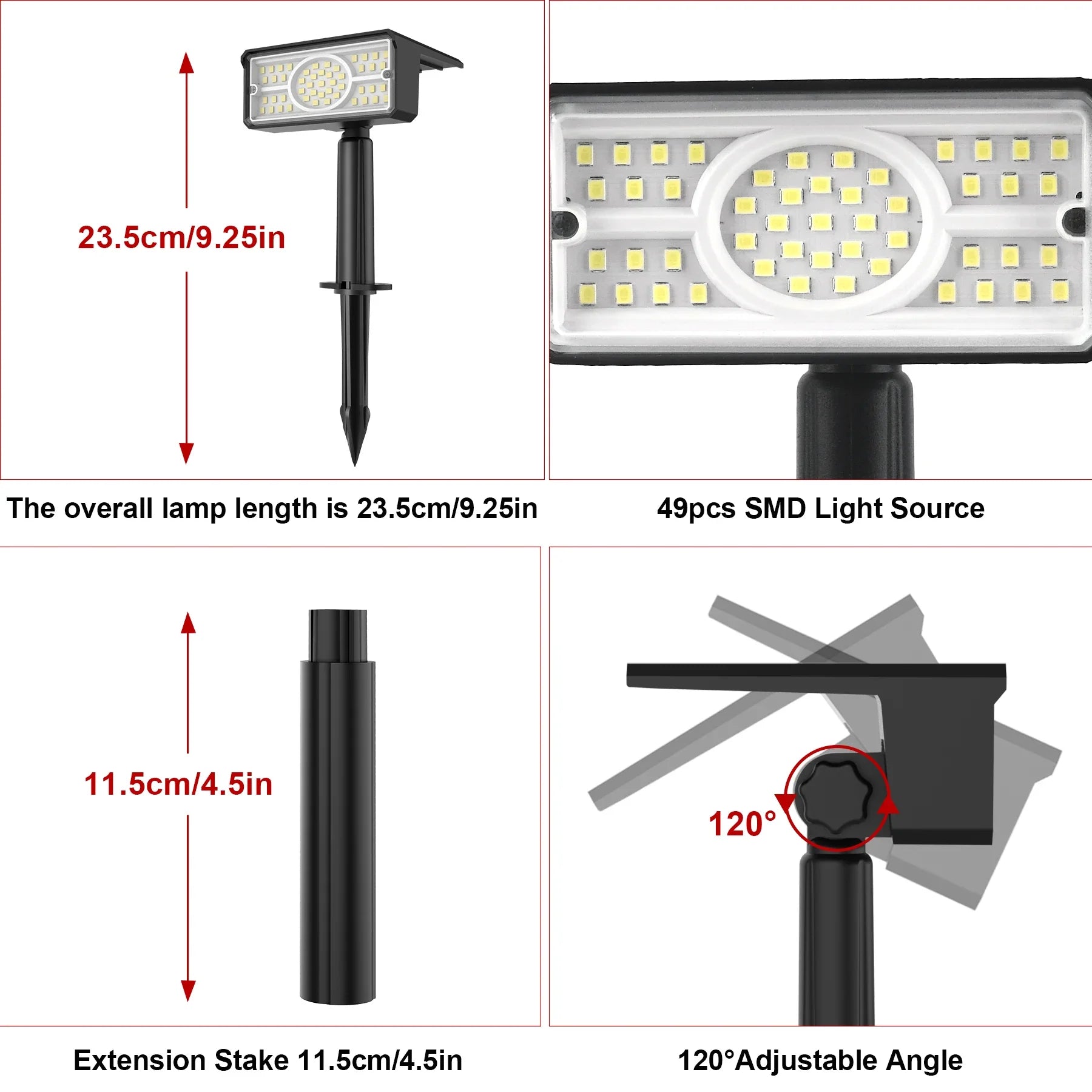 Solara LED Solarstrahler | 4 Lichtfarben | 49 LEDs | IP65 Wasserdicht | Energiesparend mit Solarpanel