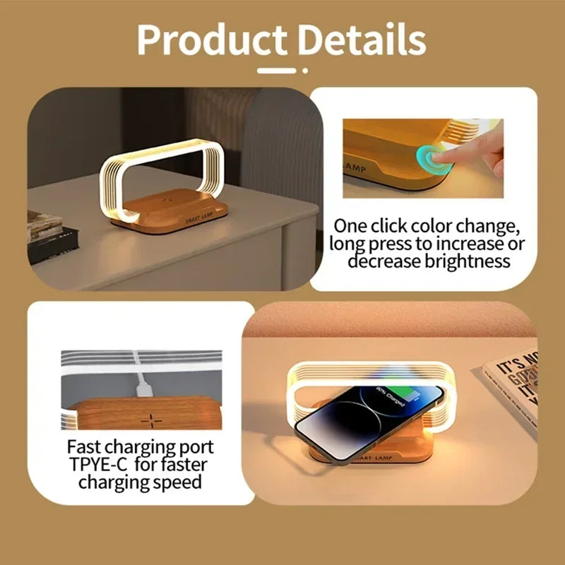 LumiCharge Touch | LED Tischlampe mit Wireless Charger | Dimmbar & Touch-Bedienung | Qi-Schnellladefunktion | Holzoptik