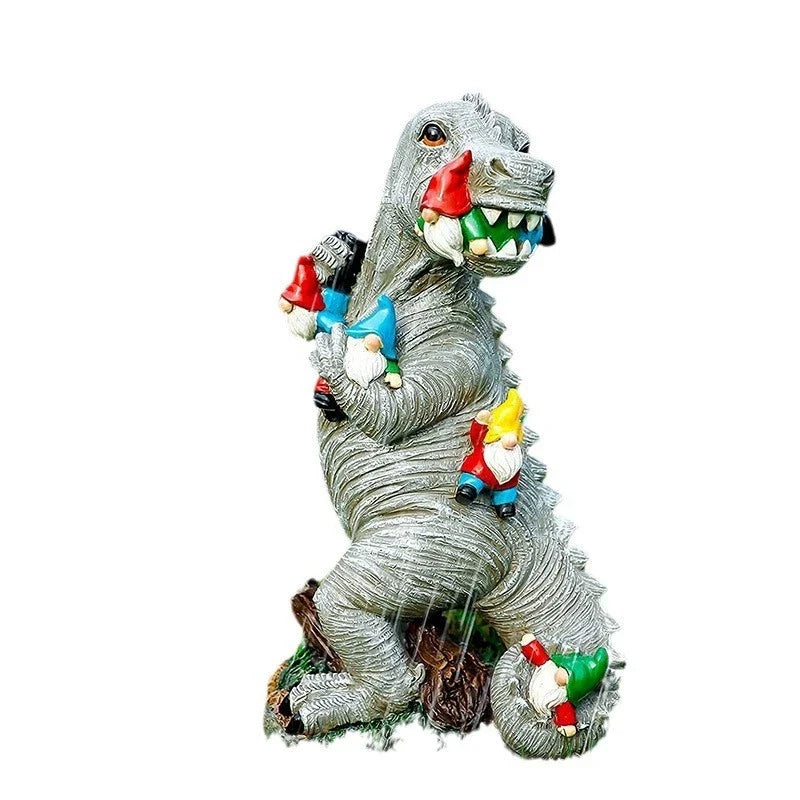 DinoCharm | Dino & Gartenzwerg Statue | Lustige Gartendeko | Resin Figur für Außen- & Innendekoration