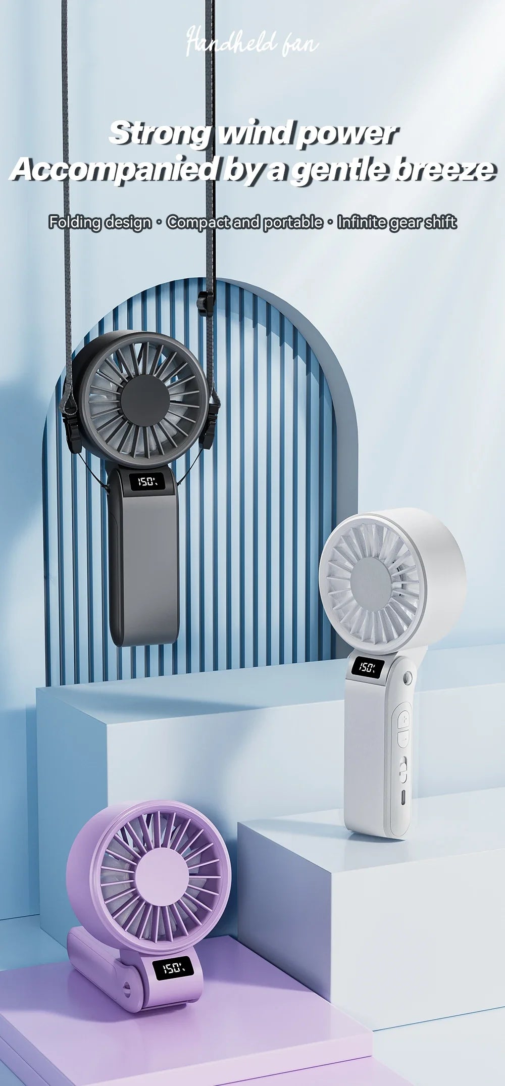 ZephyrAir Lärmfreier Klapp-Ventilator | USB-Wiederaufladbar 3000 mAh | Mini-Handventilator mit 3 Lichtfarben & Luftanzeige