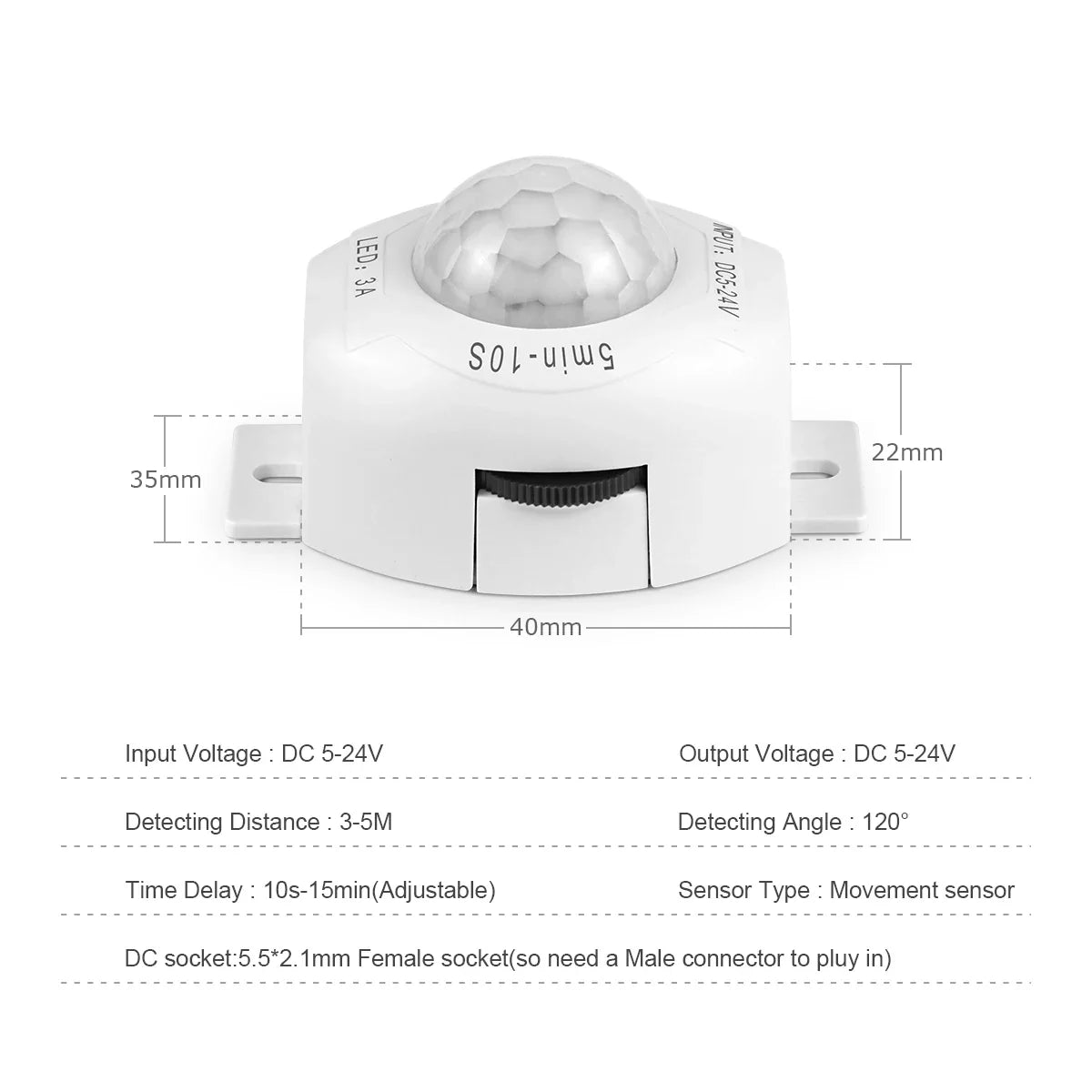 Sensalux PIR Bewegungsmelder Schalter | DC 5V–24V | Infrarot-Sensor | Zeitverzögerung einstellbar | Für LED-Streifen & Nachtbeleuchtung
