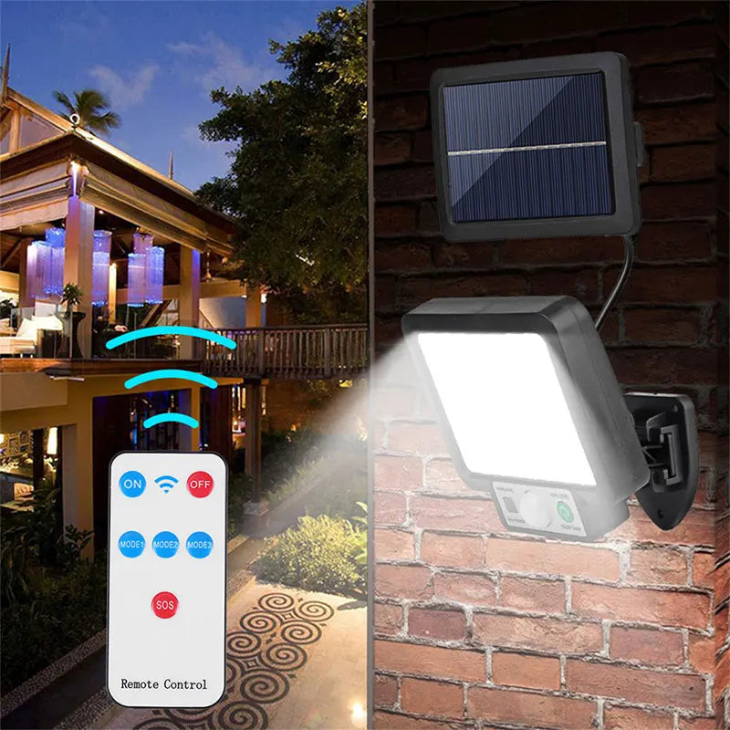 LumoVolt Solarlicht mit Bewegungsmelder | 72 COB LEDs | Fernbedienung & 5 m Solarpanel-Kabel | 3 Modi | IP65 Wetterfest