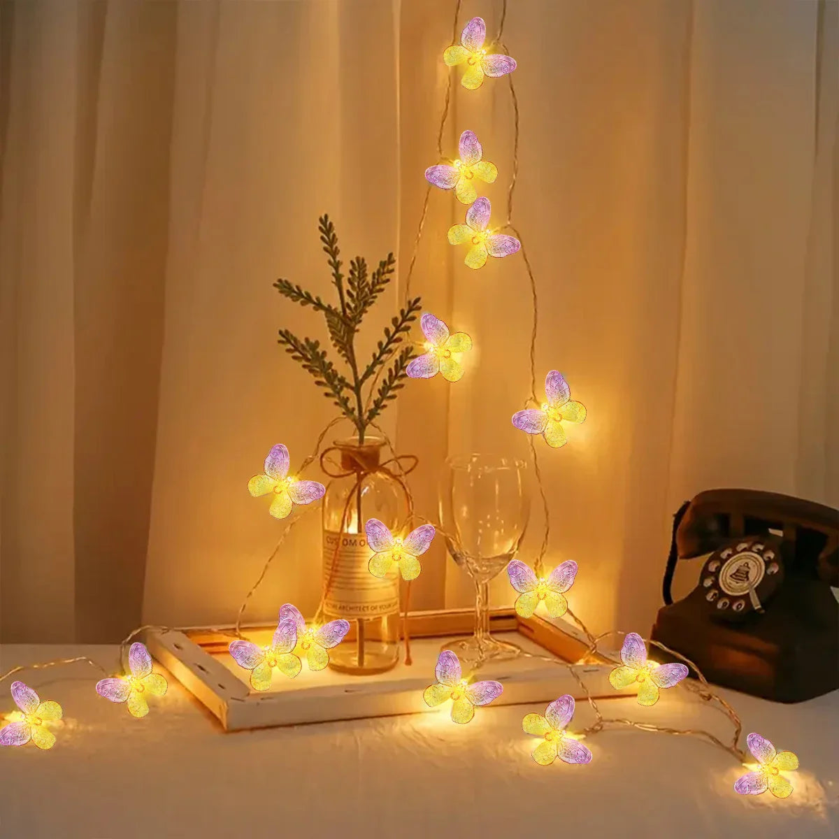 LumiFleur Schmetterlings-Lichterkette | 10/20 LED | Rosa & Gelb | Romantische Deko für Haus & Garten